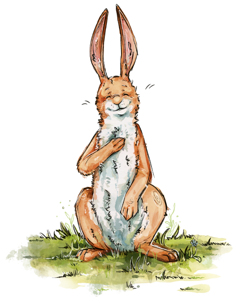 Hase zeigt: Hände an die Brust