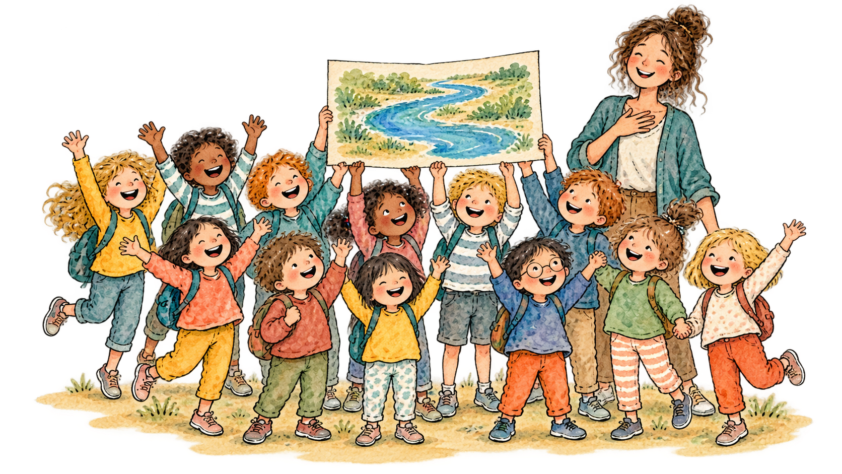 Zwölf Kinder jubeln mit dem Fluss-Schild, die Erzieherin freut sich mit